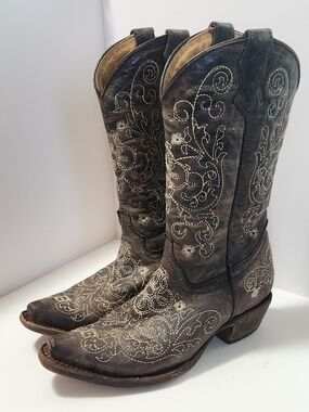 Corral Teens A1119 Distressed Brown Embroidered Western Cowboy Boots Size 2 1/2